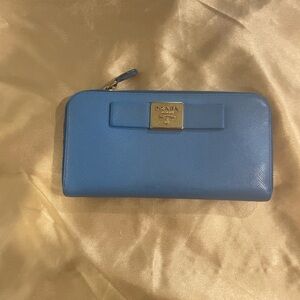 Prada Blue Continental Wallet with Bow Detail Great Condition w/Card